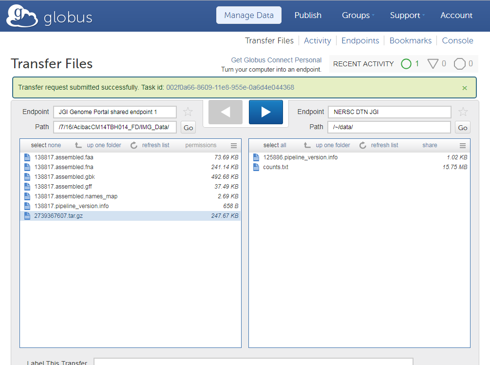 screenshot of Globus and submission