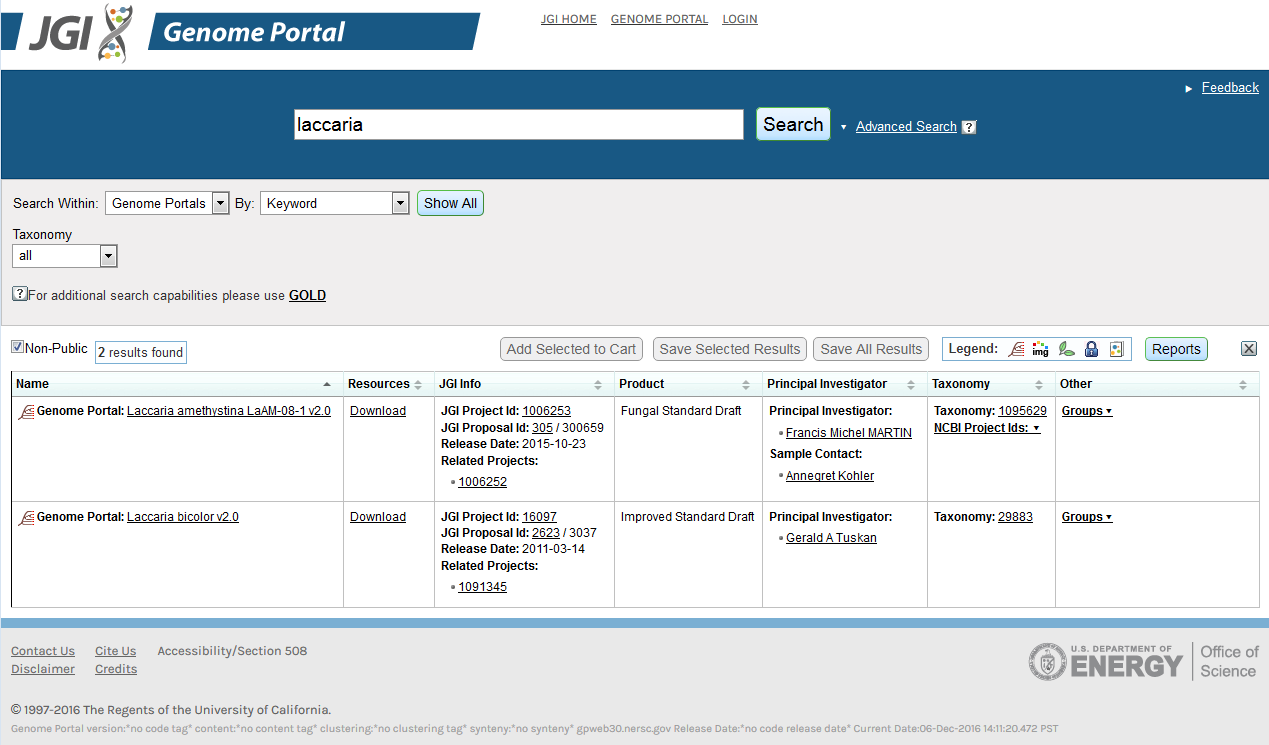 image shows the table with search results for Genome Portals